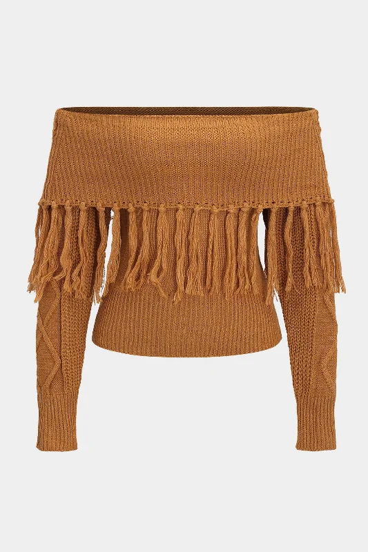 Sweater Fringe Off-Shoulder Top