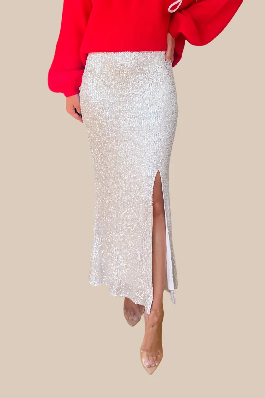 Party Perfect Sequin Front Slit Midi Skirt - Silver