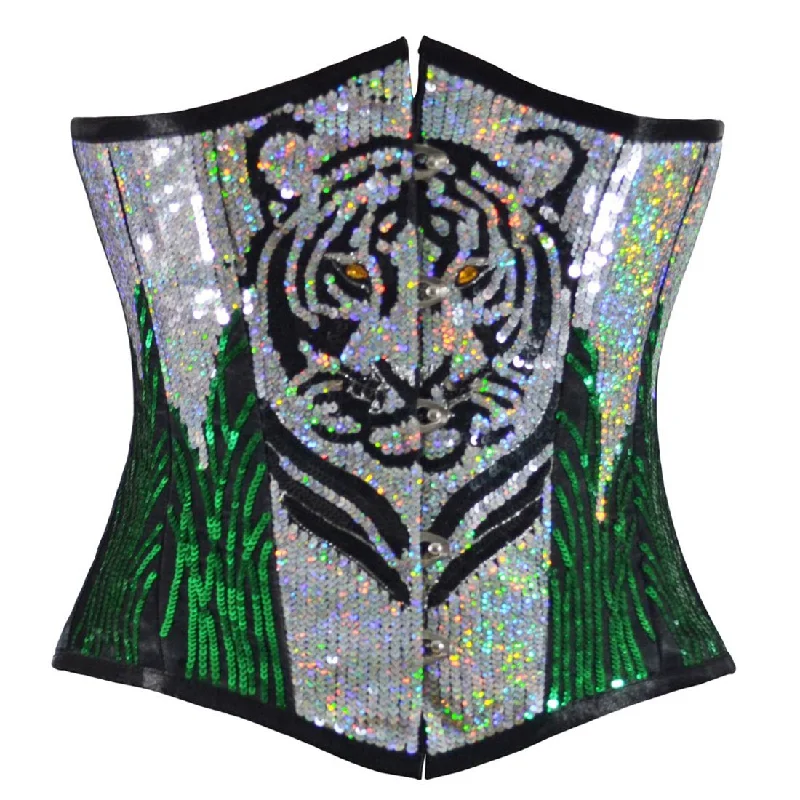 Tiger Sequined Silver Green Underbust Corset