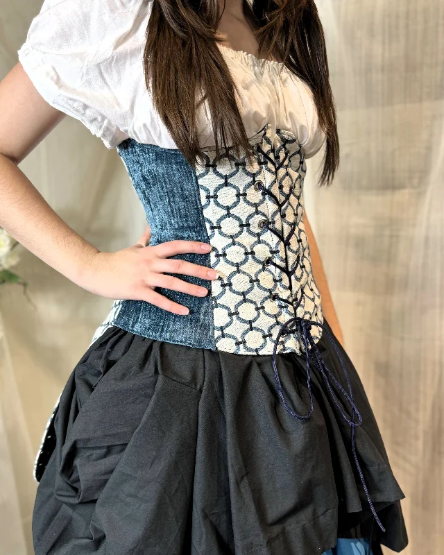 Under Bust Corset - White and Blue with Pirate Tails