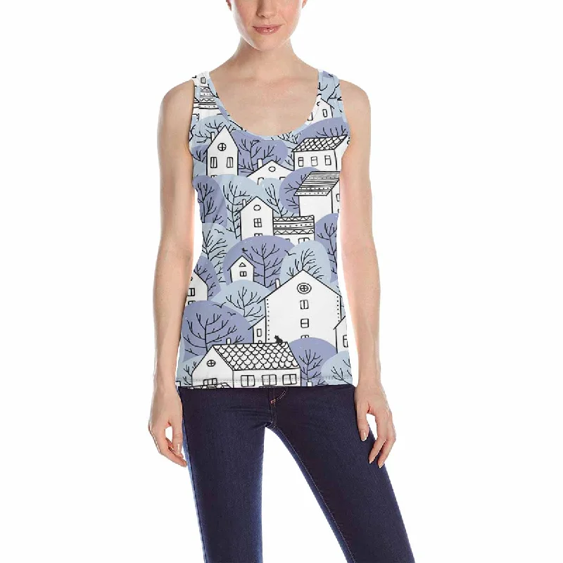 Women's Tank Top print with winter Trees and houses pattern