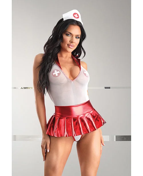 Play Pulse Check Collared Teddy W/open Back, Pleated Skirt, Medic Hat & Pasties Red/white M/l