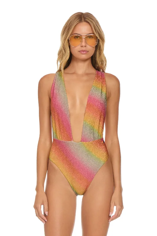 SPARKLE COMO DEEP PLUNGE CROSS BACK WOMENS ONE PIECE - RAINBOW