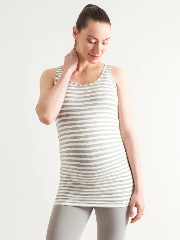 LONG SOFT STRETCH MATERNITY TANK, LIGHT HEATHER GREY STRIPE