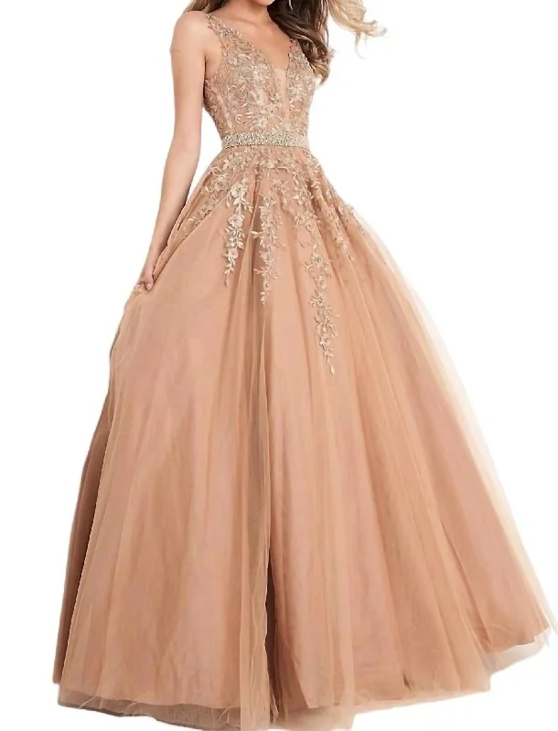 A-Line Ball Gown With Intricate Embroidery In Gold