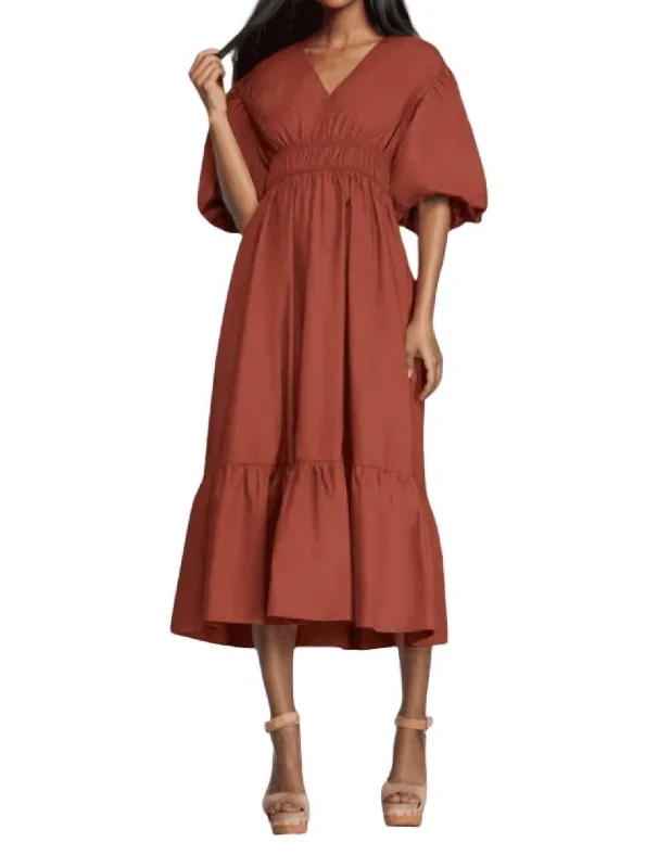 Aimee Bubble Sleeve Midi Dress In Cognac