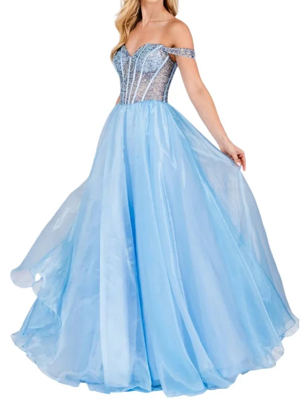 Beaded Off Shoulder Organza Gown In Baby Blue