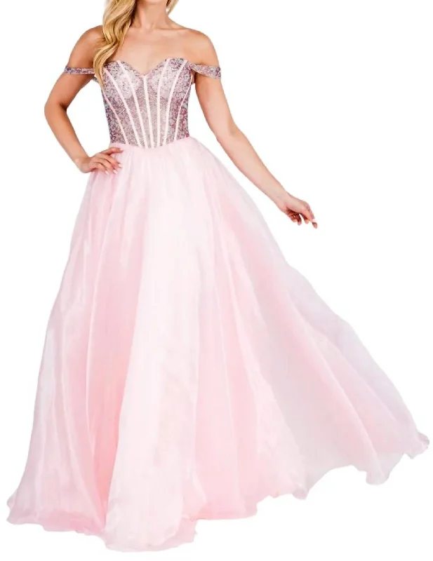 Beaded Off Shoulder Organza Gown In Pink