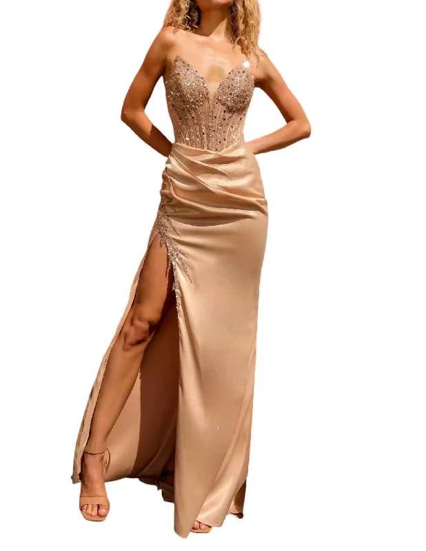 Beaded Satin Fitted Strapless Slit Gown In Champ