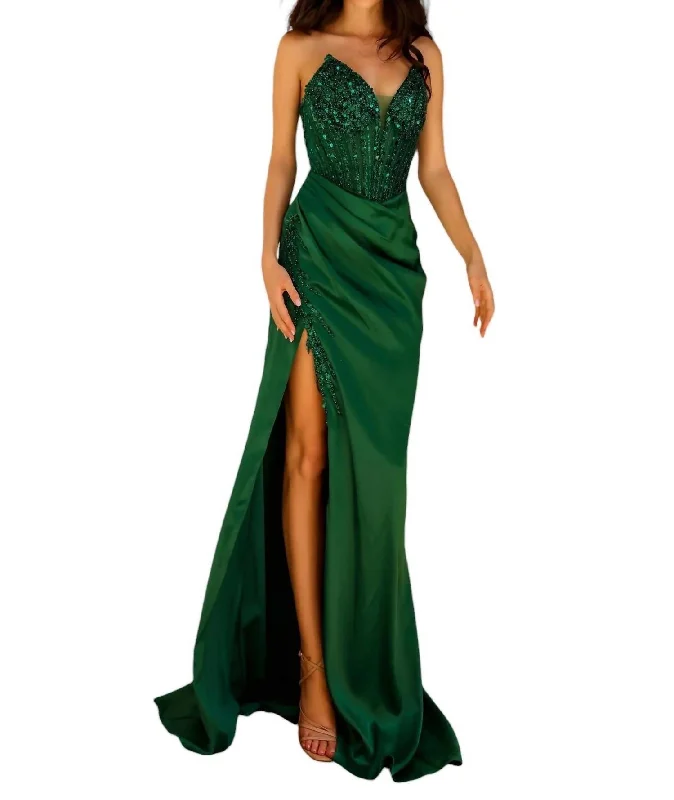 Beaded Satin Fitted Strapless Slit Gown In Emerald