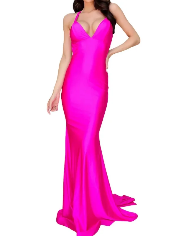 Deep V-Neck Jersey Long Gown In Dark Fuchsia