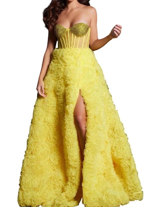 Embellished Illusion Bodice A-Line Gown In Yellow