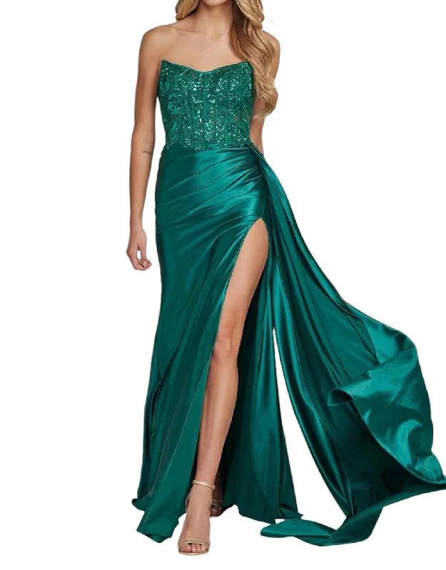 Embroidered Strapless Slit Gown In Emerald