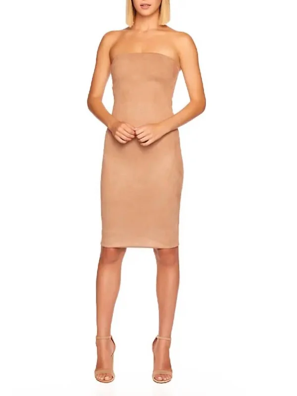 Faux Suede Tube Strapless Midi Dress In Sand