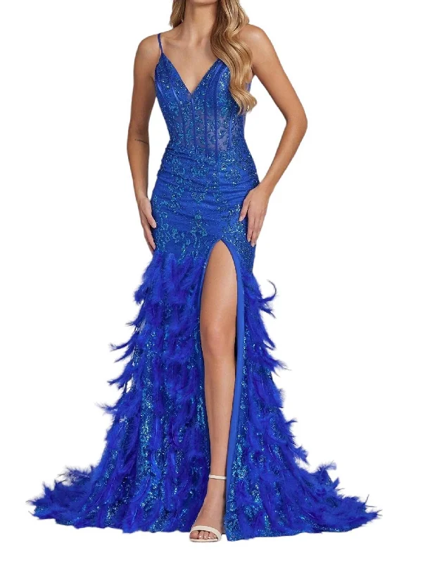 Fitted Glitter Print Feather Gown In Royal Blue