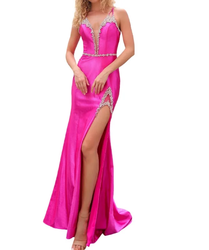 Fitted Glitter Satin Sleeveless Slit Gown In Fuchsia