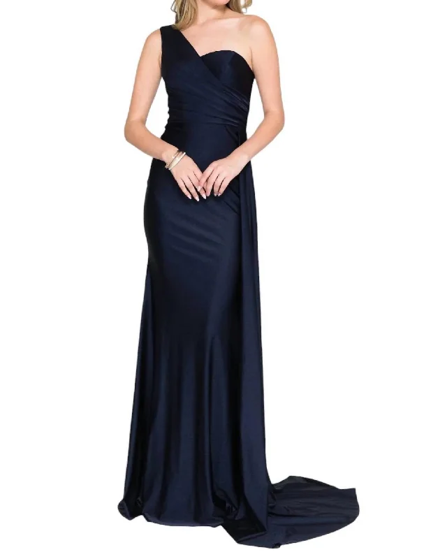 Fitted One Shoulder Lycra Gown In Navy