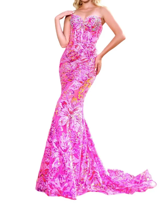 Floral Appliqué Strapless Corset Fit-And-Flare Gown With Sweep Train In Pink Multi