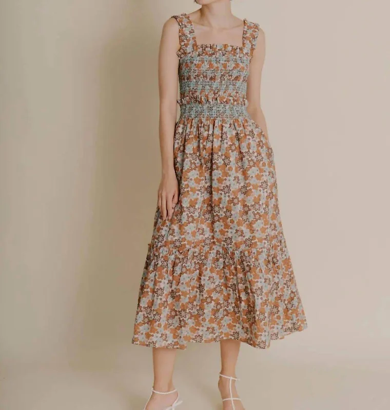 Floral Smocked Midi Dress In Brown