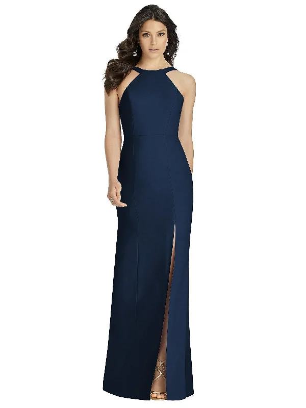 High-Neck Backless Crepe Trumpet Gown