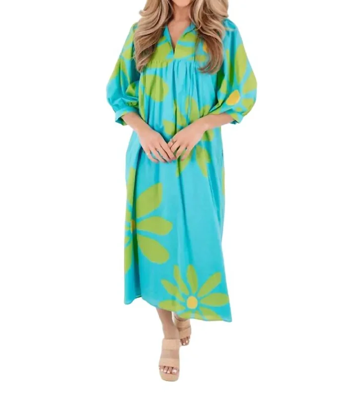 Indi Puff Sleeve Midi Dress In Aqua Multi