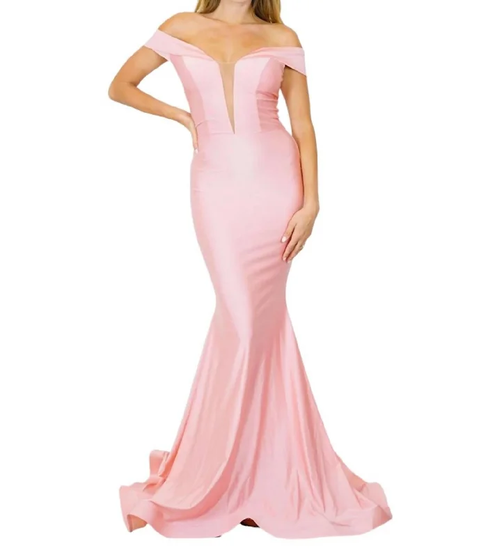 Long Off Shoulder Formal Gown In Bubblegum