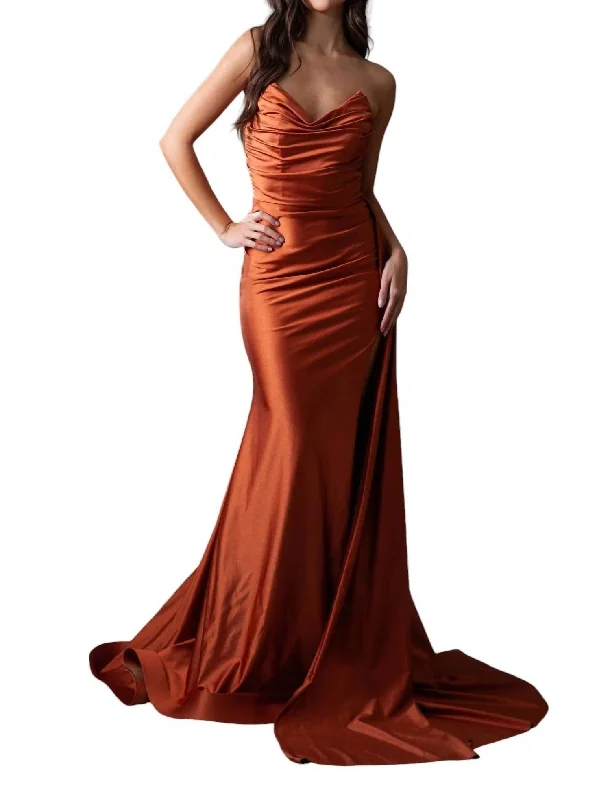 Lycra Fitted Strapless Slit Gown In Cinna