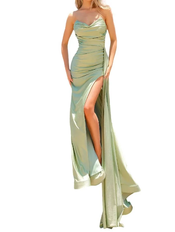 Lycra Fitted Strapless Slit Gown In Sage