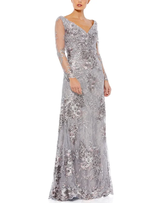 Mac Duggal Embellished V Neck Illusion Gown