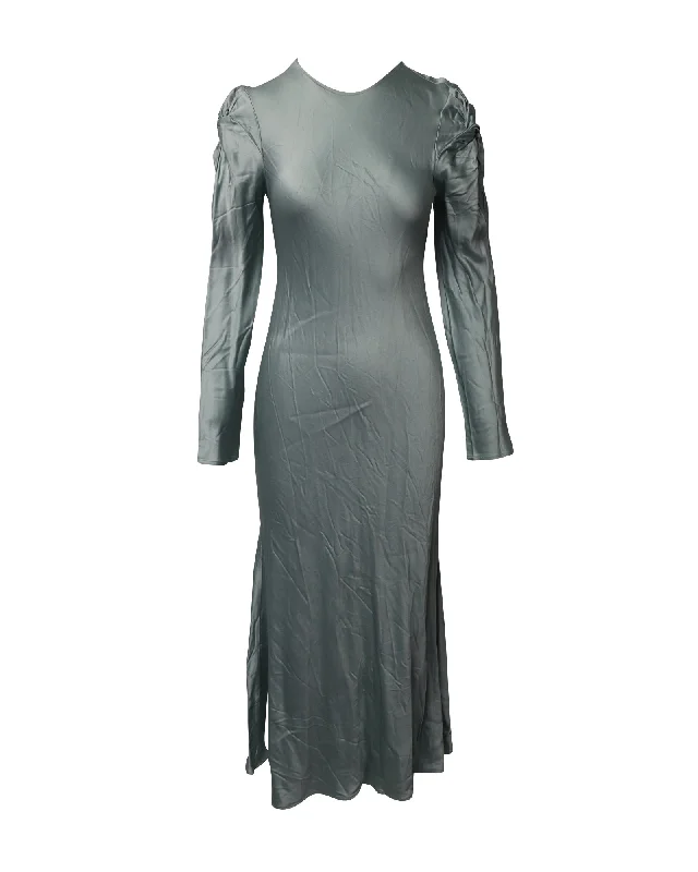 Maggie Marilyn Puff Long Sleeves Evening Gown in Teal Silk