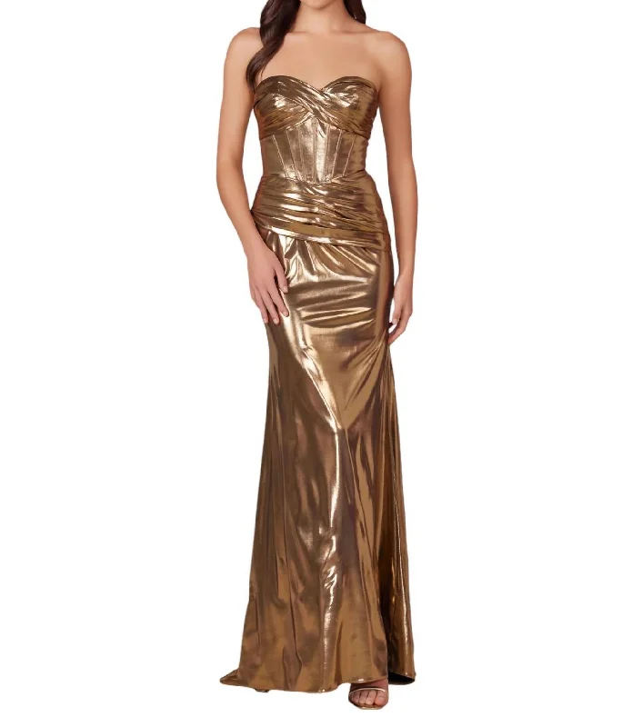 Metallic Fitted Strapless Gown In Gold