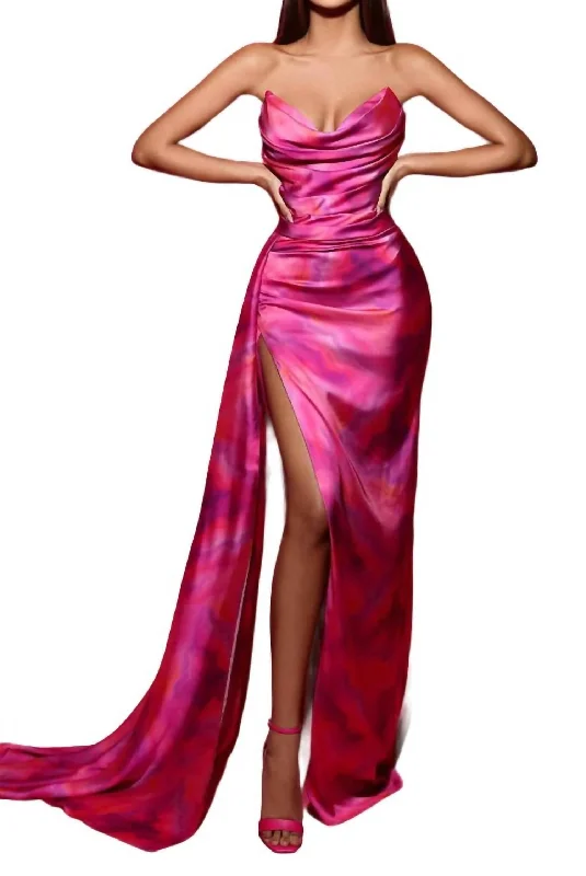 Muddy Elbise Long Gown In Fuschia