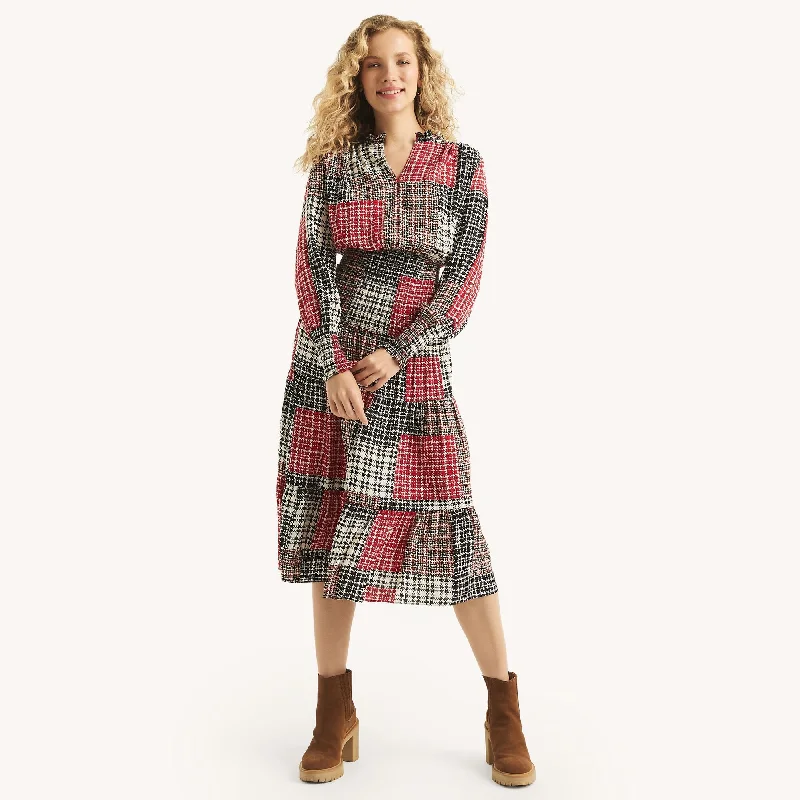 Nautica Womens Plaid Smocked Midi Dress