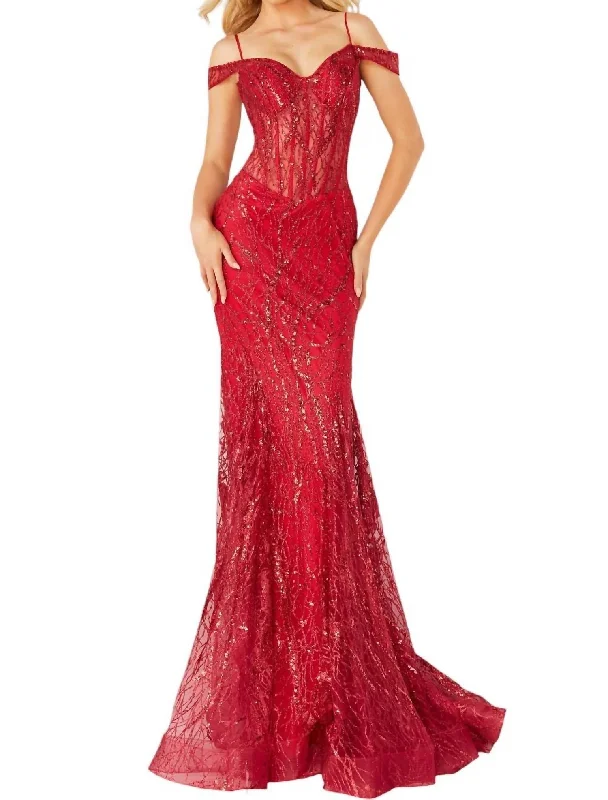 Off Shoulder Glitter Mermaid Long Gown In Red