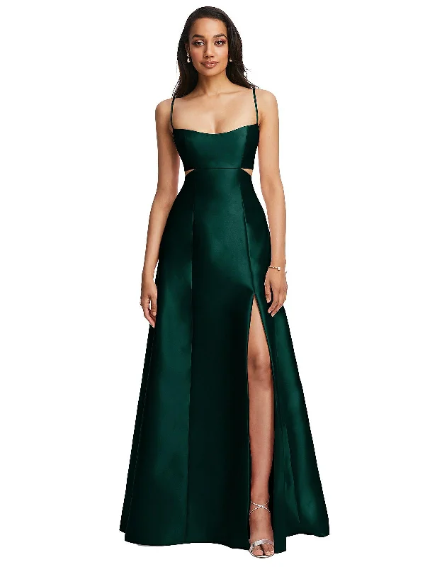 Open Neckline Cutout Satin Twill A-Line Gown with Pockets