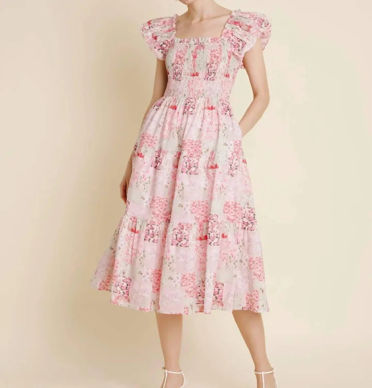 Patchwork Tiered Midi Dress In Pink