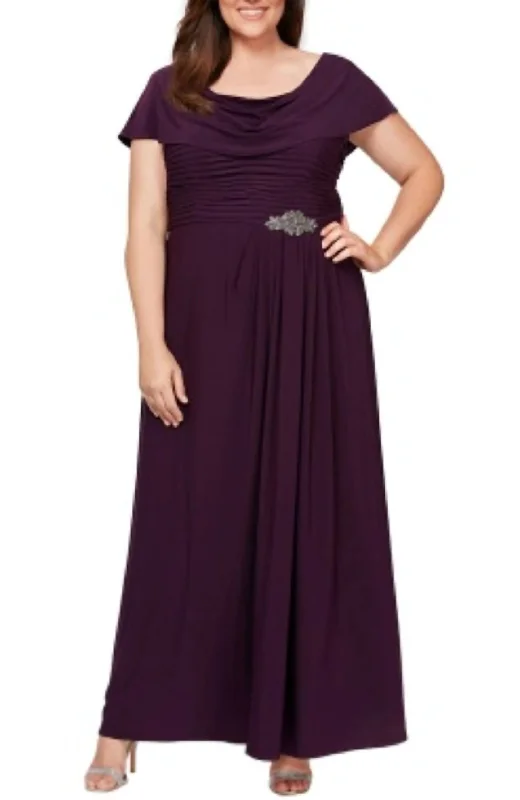 Pleated Embellished Side Detail Long Gown In Purple