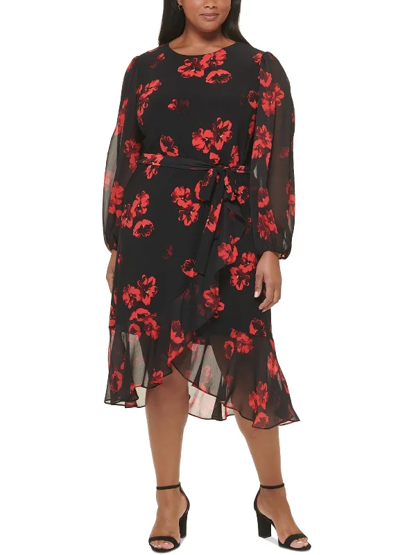 Plus Womens Floral Belted Midi Dress