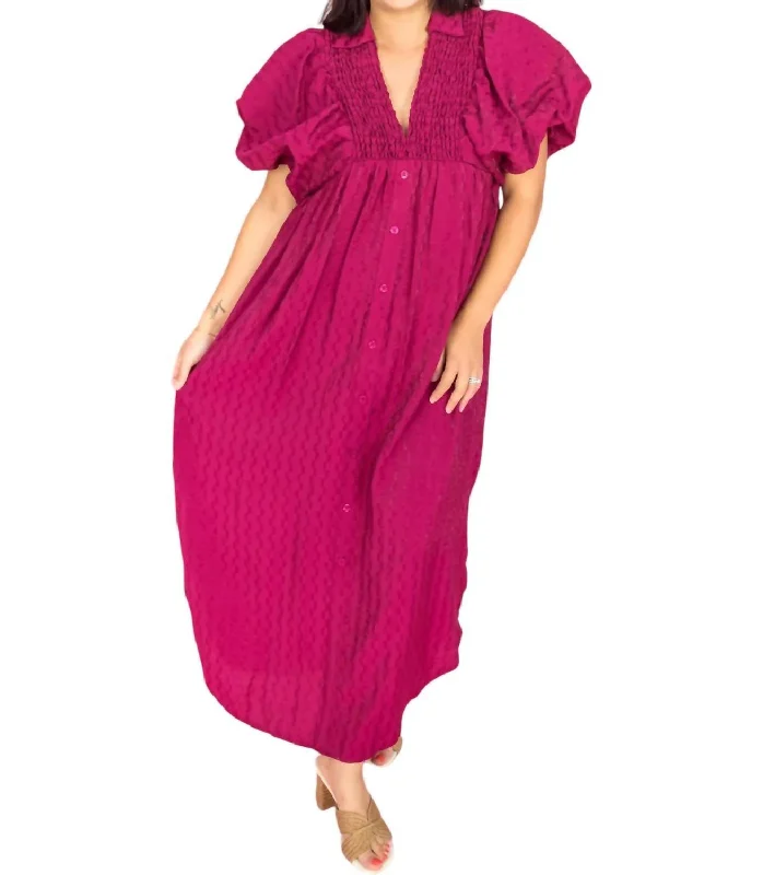 Puff Sleeve Midi Dress In Plum