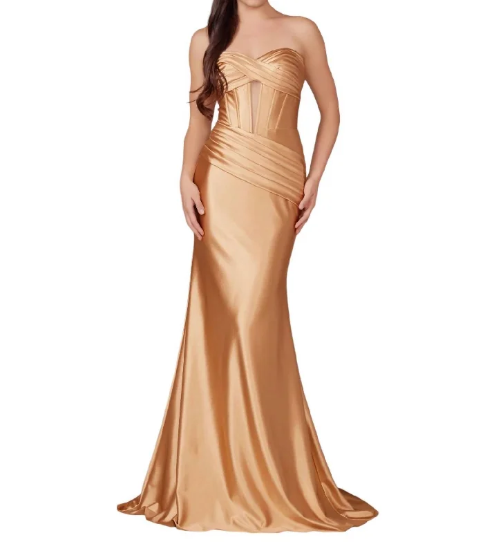 Satin Fitted Strapless Corset Gown In Gold