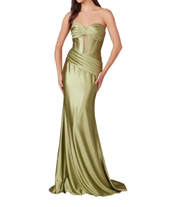 Satin Fitted Strapless Corset Gown In Sage/green