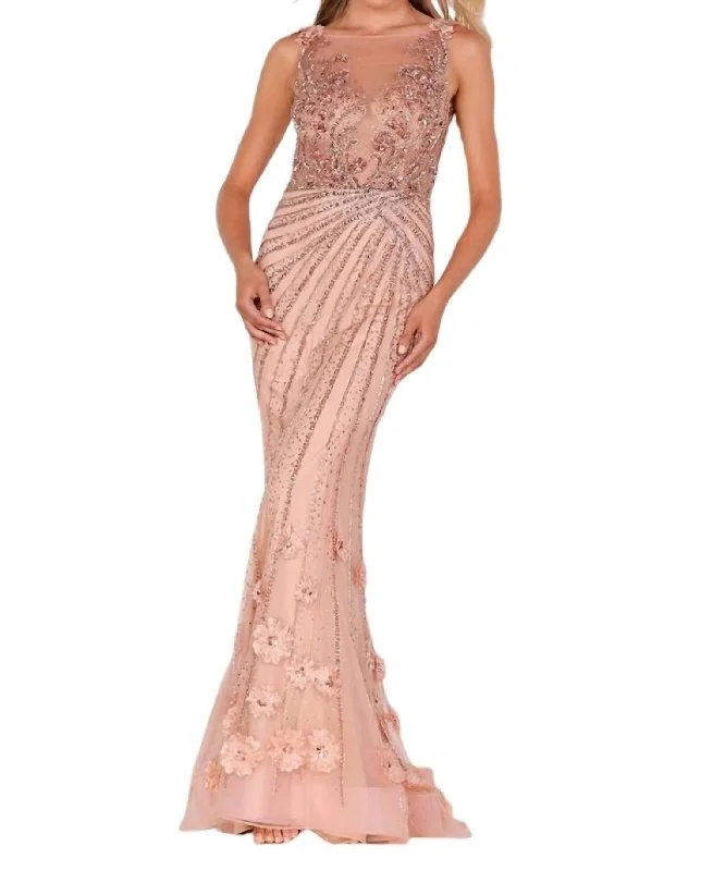 Sleeveless Floral Lace Gown In Champ/blush