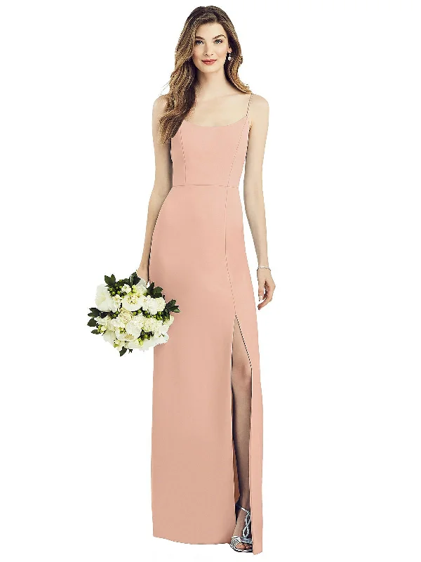 Spaghetti Strap V-Back Crepe Gown with Front Slit