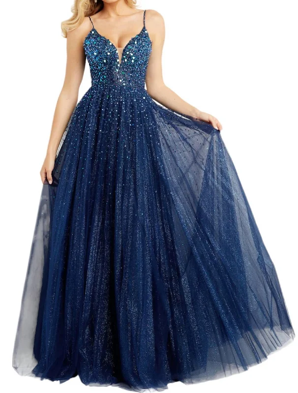 Spaghetti Straps Embellished Ballgown In Navy