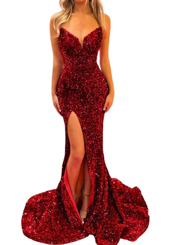 Sweetheart Neckline Fully Sequined Gown In Red