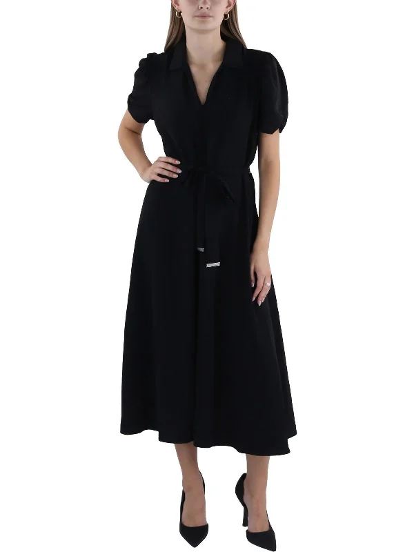 Womens Collared V-Neck Midi Dress