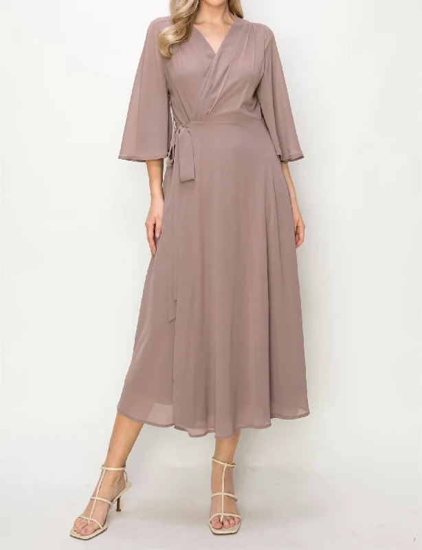 Wrap Knit V Neck Midi Dress In Taupe