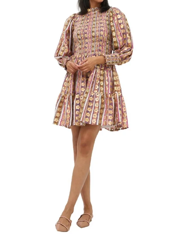 Smocked Flirty 3/4 Sleeve Mini Dress In Petal Olive