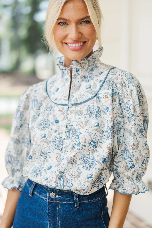 Keep It Up Cream Floral Ruffled Blouse