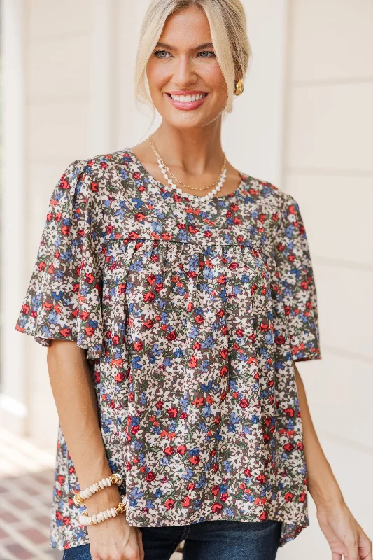 Walking Through Olive Green Ditsy Floral Blouse